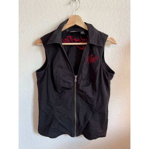 Harley Davidson Black Sleeveless Vest Red Logo Vintage Bling Full Zip Women's Me - Picture 2 of 5